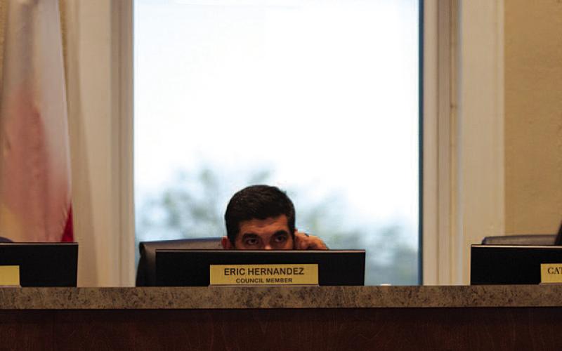 Mayor Herb Pearce, at left, and council members Eric Hernandez and Catherine Kuehne listen as City Manager Erin Corbell presents her update on the East Second Street improvements project and the search for a new public works director. HUNTER KING | DISPATCH RECORD