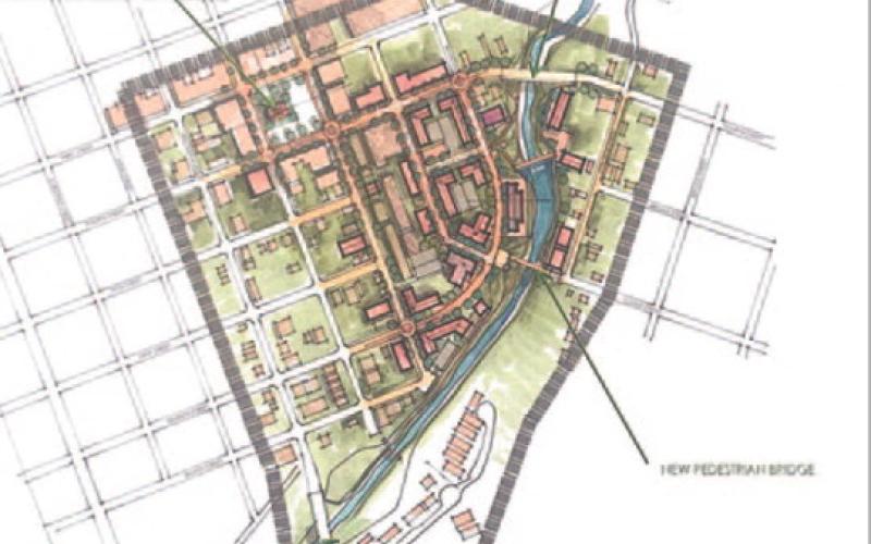 An area to the west of Sulphur Creek (shaded pink on the drawing) could be developed and extend south from Fourth Street to Seventh Street with a variety of business and housing options offered, according to a presentation by architect Stuart Alderman. COURTESY RENDERING | STUART ALDERMAN