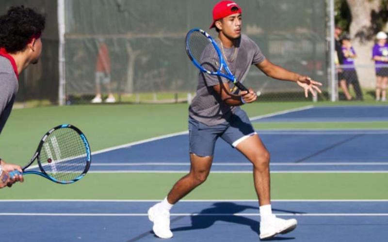 Francisco Jaimes, left, and Enrique Caso Prado competed in the 1A boys’ doubles state qurterfinals in San Antonio on Thursday. JEFF LOWE | DISPATCH RECORD