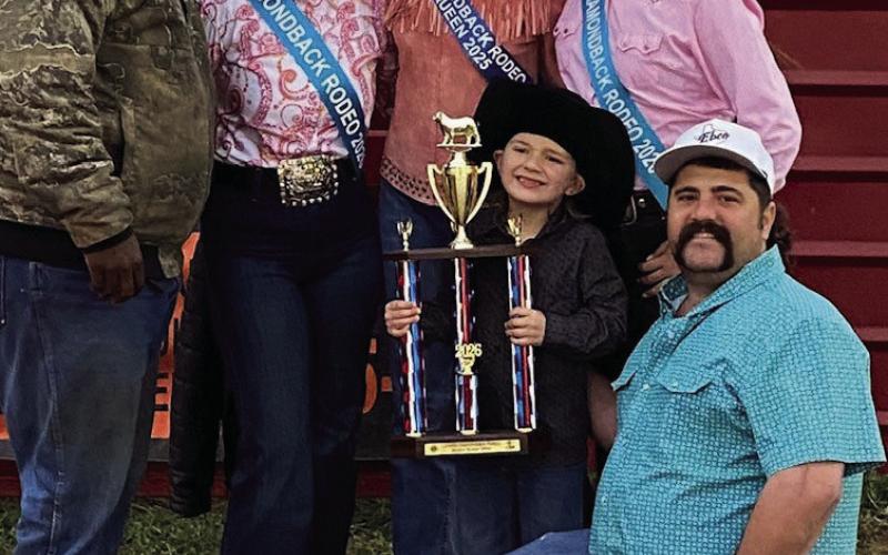 Mutton bustin’ competition was offered both nights preceding the Diamondback Jubilee Rodeo. Trophies were awarded to those who could hang on the longest to their sheep. TERRI HARRIS | COURTESY PHOTO