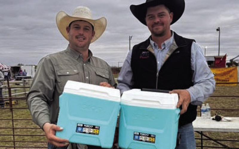 Goat roping winners show off their cooler prizes after competition at the Lometa Diamondback Jubilee. TERRI HARRIS | COURTESY PHOTO