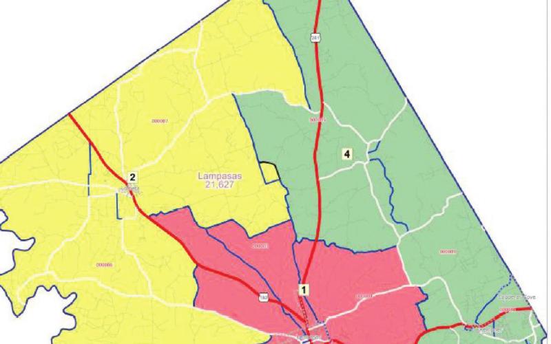 This is the current map of the Justice of the Peace precincts for Lampasas County. The Commissioners Court backed out of redistricting the precincts and is reconsidering redrawing the county’s elections precincts. ALLISON, BASS, MCGEE, LLP/LAMPASAS COUNTY JUDGES OFFICE