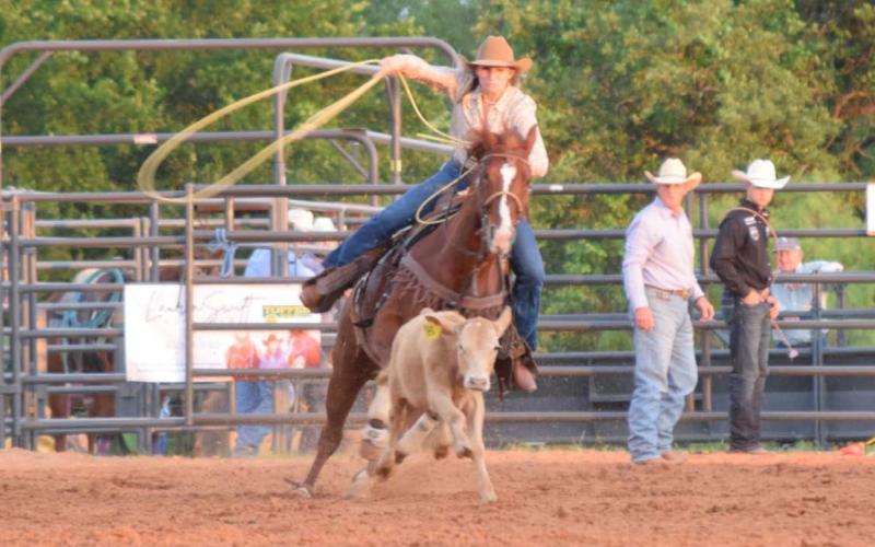 Riley Welch from Comfort pursues a calf in the breakaway roping event at the Riata Roundup Rodeo last week. ALEXANDRIA RANDOLPH | DISPATCH RECORD