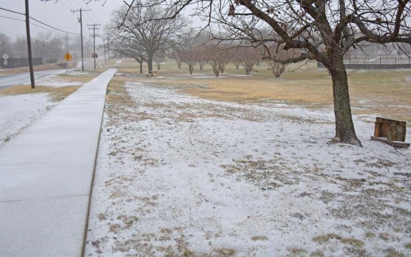 Snow begins covering the Hanna Springs Sculpture Garden and Campbell Park on Saturday. COURTESY PHOTO
