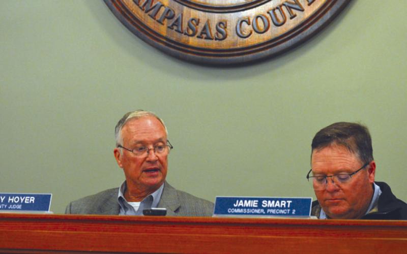 County Judge Randy Hoyer, left, and Precinct 2 Commissioner Jamie Smart joined with other members of the Commissioners Court in voicing support for membership with the Central Texas Water Alliance. ERICK MIRCHELL | DISPATCH RECORD