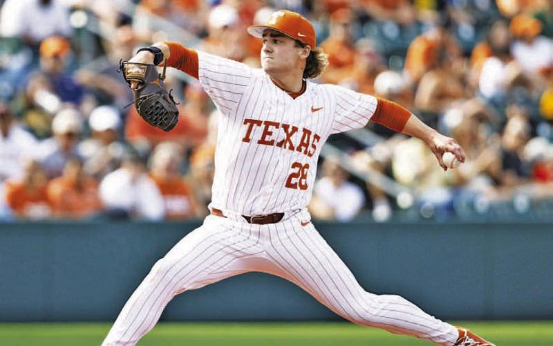 Ace Whitehead throws a pitch during his Saturday start against the Baylor Bears. COURTESY PHOTO | TEXAS ATHLETICS