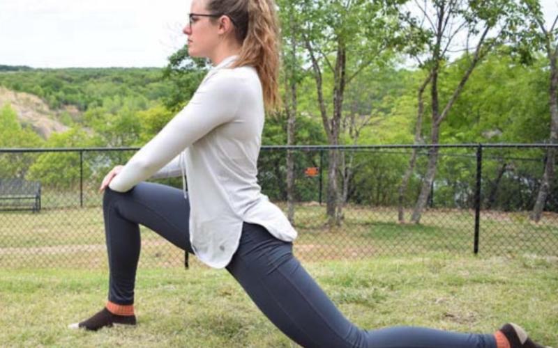 From a lunge position, as shown above, focus on pressing the pelvis toward the ground. This “upright lizard pose” can help stretch the hip flexors. COURTESY PHOTO