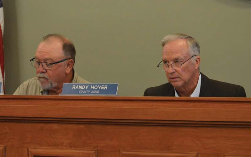 Precinct 3 Commissioner Shad Hill, left, and County Judge Randy Hoyer listen to a presentation Monday about eligibility for Lampasas County to receive some funding from the Federal Emergency Management Agency. erick mitchell | dispatch record