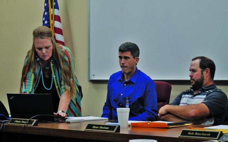 Liz Haviland, director of the Lampasas ISD’s Career and Technical Education program, works at her laptop to start a PowerPoint presentation for the school board meeting on Monday. Next to her are Superintendent Dr. Chane Rascoe, center, and Ryan Shahan, president of the LISD Board of Trustees. Enrollment in CTE classes continues to grow, Haviland said. ERICK MITCHELL | DISPATCH RECORD