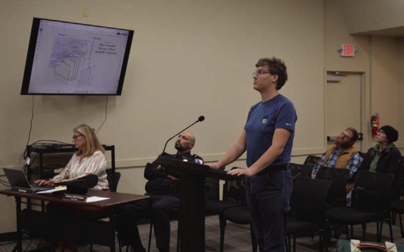 Standing at the podium, Brennen Barber makes his Eagle Scout project pitch to Kempner City Council members in last week’s regular meeting. ERICK MITCHELL | DISPATCH RECORD
