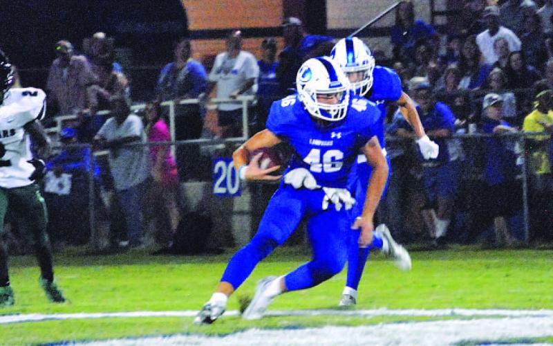 HUNTER KING | DISPATCH RECORD Haegan Oncken returns an interception against Pflugerville Connally, his second in two games.