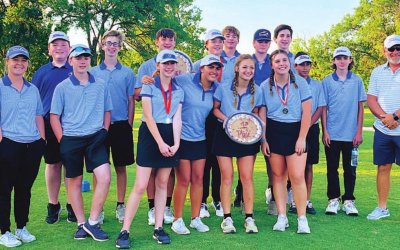 The middle school golf teams pose with their medals after winning the Salado tournament. COURTESY PHOTO