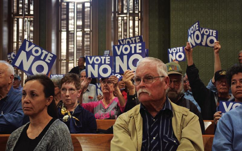 FILE PHOTO The Lampasas County Courthouse was packed for a public hearing in March about a proposal to designate acreage as a reinvestment zone so a solar farm project could qualify for tax abatements. The reinvestment zone was scrapped after a vote by the Commissioners Court. In May, the Lampasas Independent School District Board of Trustees voted down a similar tax incentive plan for the Green Go solar farm after significant opposition from area residents.
