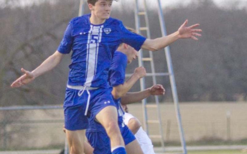 Cody Hinson follows through on a header against Salado. Lampasas bounced back to beat Burnet 4-1 after a loss to Salado on Monday. JEFF LOWE | DISPATCH RECORD