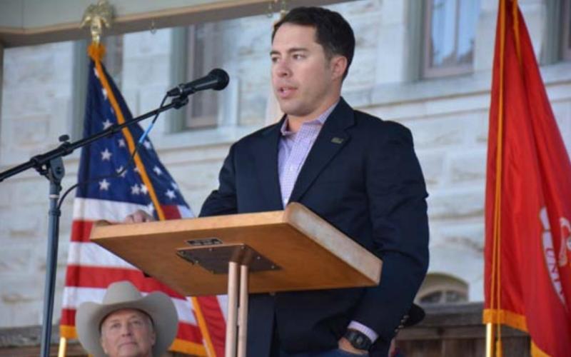 Capt. William C. Dunlap of the 1st Cavalry Division was this year’s keynote speaker at the Lampasas County commemoration of Veterans Day. Behind Dunlap is County Judge Randy Hoyer. MONIQUE BRAND | DISPATCH RECORD