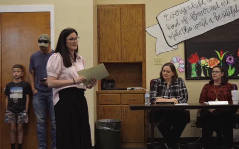 Hanna Springs Principal Lindsay Duhon provides LISD trustees a campus update during Monday’s school board meeting. ERICK MITCHELL | DISPATCH RECORD