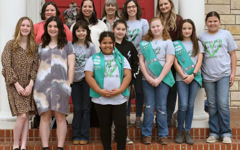 Participating in the Girl Scout Sunday celebration at First Presbyterian Church were, bottom row from left, Scouts Brayleigh Boshears, Lorelai Dressell, Kayleigh Mahoney, Vera-Rose Johnson, Kenzi Rodriguez, Anna-Joy Figurski, Rylie Wood and Steeley Ritter. Top row: leaders and volunteers Kasey Schwartzer, Jennifer Mahoney, Lisa Deweese, Torie Lesley and Nikki Wood. courtesy photo