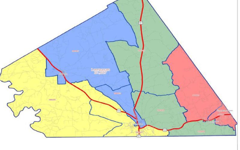 This is the current map of the Lampasas County commissioners’ precincts. The yellow section is Precinct 2, represented by Jamie Smart. The blue section is Precinct 3, represented by Lewis Bridges. The green section is Precinct 4, represented by Mark Rainwater, and the red section is Precinct 1, represented by Bobby Carroll. LAMPASAS COUNTY JUDGE’S OFFICE | COURTESY PHOTO