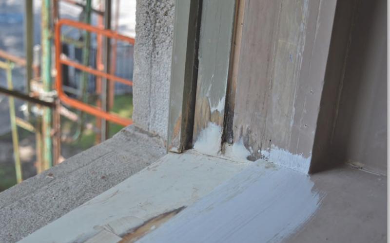 Here is a look at one of the repaired upstairs windowsills that still contains the original wood, which was restored using liquid wood and wood epoxy. ERICK MITCHELL | DISPATCH RECORD
