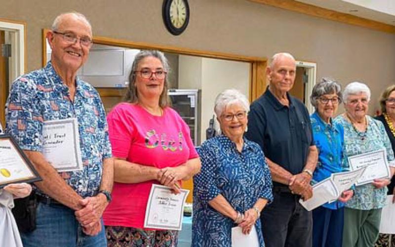 Lampasas County Retired Teachers Association held its last meeting of the school year May 5. Members received certificates of appreciation for their committee and advocacy work throughout the year. Pictured are, from left, Julia Phillips, Trent Lancaster, Debbie Irvine, Sandy Brister, TP Wingo, Charlene Ruzicka, Margaret Oberender, Jani Edwards and Janet Machen. COURTESY PHOTO