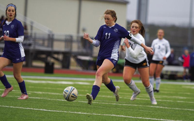 Becca Nobles dribbles into the attacking third in the first half of the Lady Badgers’ match against Gatesville. HUNTER KING | DISPATCH RECORD