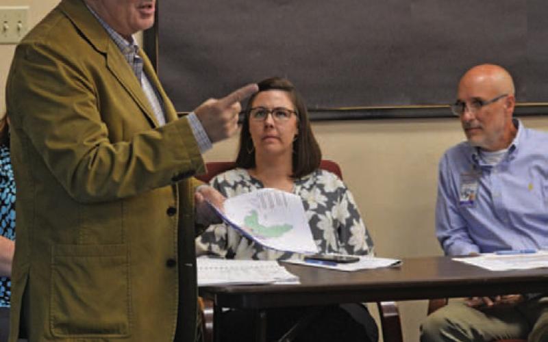 Zonda Education’s Bob Templeton provides results of a demographic study on student population growth projections to officials at Monday’s Lampasas ISD school board meeting. ERICK MITCHELL | DISPATCH RECORD