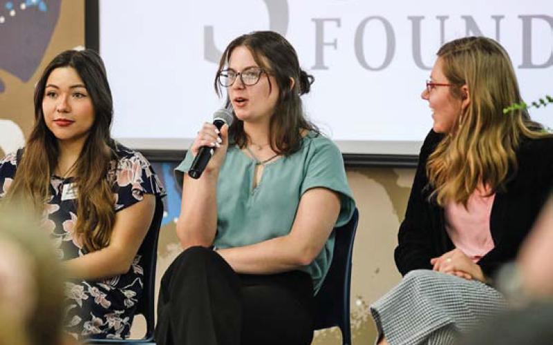 Lampasas High School alumna Monica Garza, at left, and fellow Howard Payne University Sumners Scholars Madi Boggs and Brooke Robbins participate in a Sumners Social for prospective students. courtesy photo