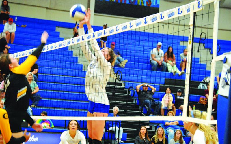 Breana Pelbath goes up and makes a block. She has led the team in blocks and kills all season. HUNTER KING | DISPATCH RECORD