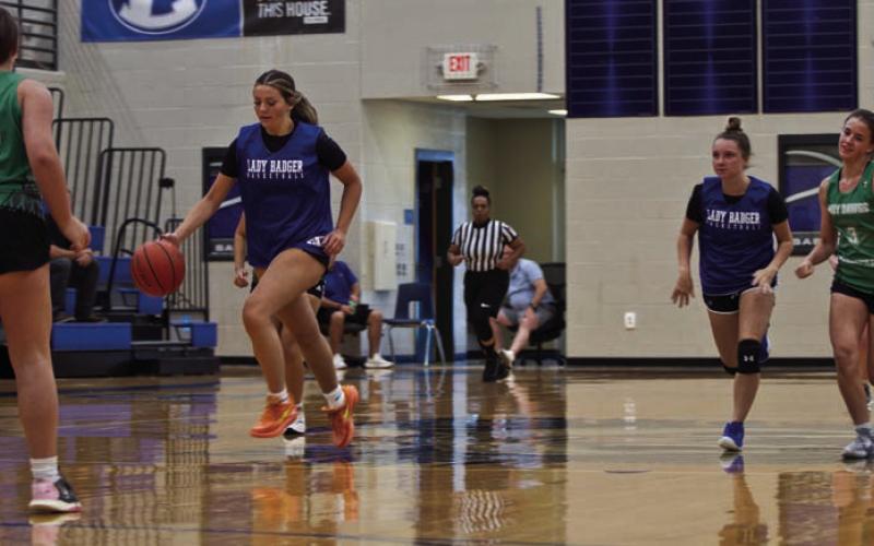 Mia Mulcahy leads the break for the Lady Badgers during Monday’s summer league game at home against Burnet. The Lady Badgers had numerous opportunities to break into the open floor with strong defensive efforts. ERICK MITCHELL | DISPATCH RECORD