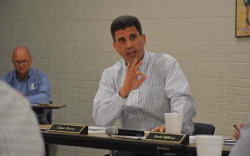 Superintendent Dr. Chane Rascoe listens in on a presentation from Moak, Casey &amp;amp; Associates Wednesday night about a Chapter 313 Texas Economic Development Act proposal. MONIQUE BRAND | DISPATCH RECORD