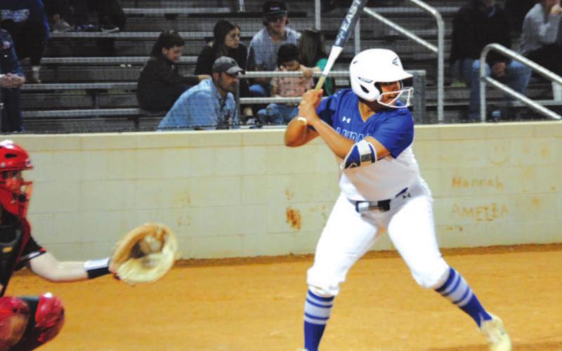 Mia Maldonado loads up to hit a pitch that she sent over the centerfield wall for a home run against Ballinger. HUNTER KING | DISPATCH RECORD