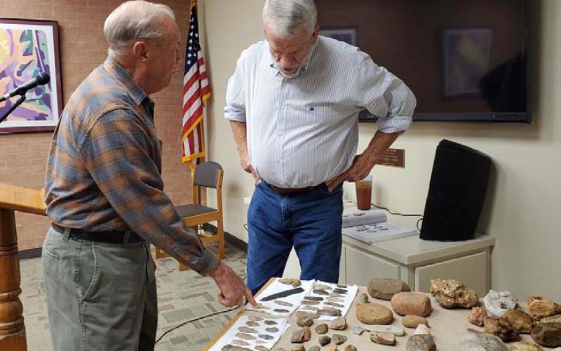 Former mayor Jack Calvert, left, visits with Boyce Cabaniss last year at the Lampasas County Historical Commission’s presentation to celebrate Archaeology Month in Texas. Cabaniss will return Oct. 24 for a follow-up presentation at the Lampasas Public Library.