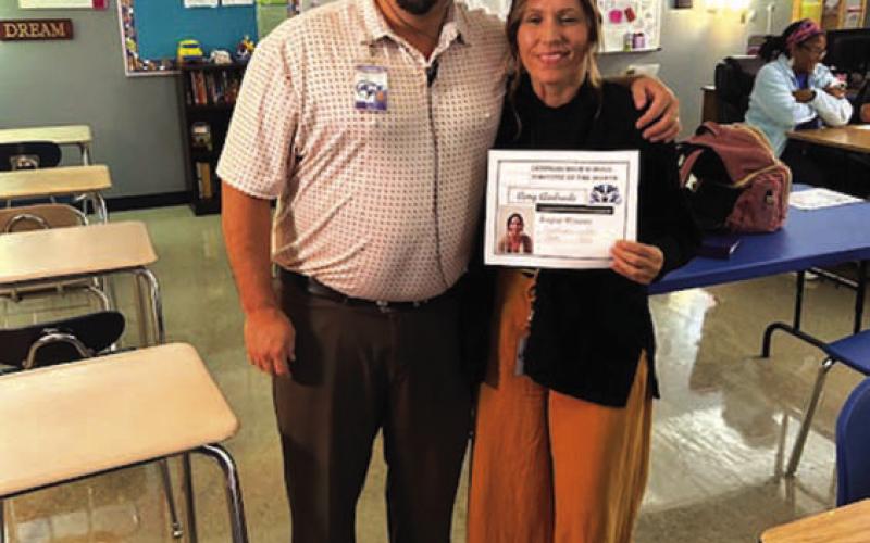 Amy Andrade has been named Substitute of the Month at Lampasas High School. She is pictured with Assistant Principal Ryan Race, who said of Andrade: “She has done an amazing job filling in as a long-term substitute, and she is doing excellent work with our students.” COURTESY PHOTO