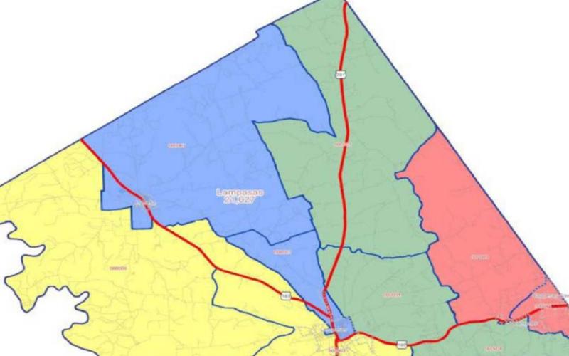 This is the current map of the commissioners’ precincts. The Commissioners Court on Monday pulled out of its earlier plans to change the boundaries. FILE PHOTO