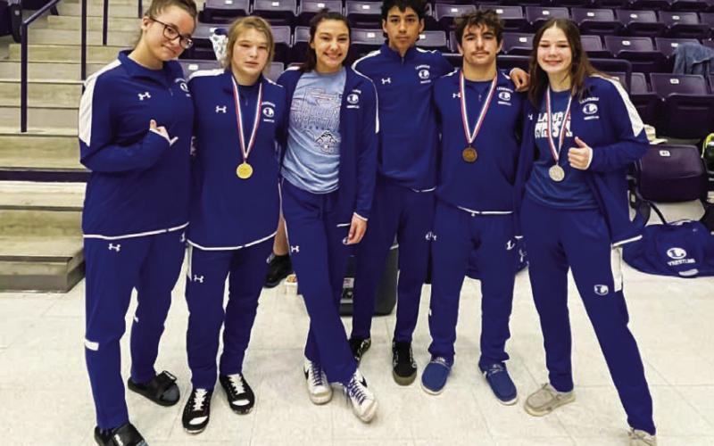 Sayler Siters, left, Taylor Martell, Charlie Freese, Kaiden Fernandez, Daemian Rivas and Jordan Winfree will all travel to Cypress this Saturday for the state competition. COURTESY PHOTO | LAMPASAS WRESTLING