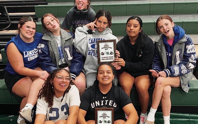 Members of the girls’ powerlifting team pose with their plaques from the Burnet meet. COURTESY PHOTO | T.J. CLEAVINGER