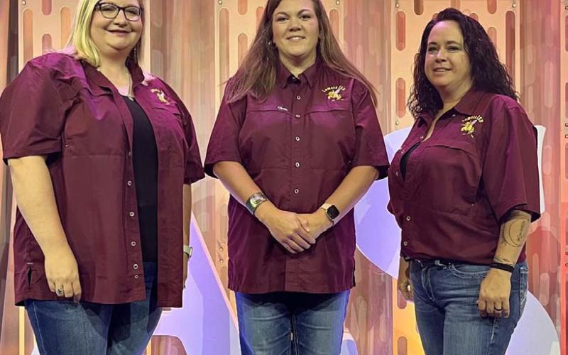 Courtney Duncan, at left, will serve as vice president of the Lometa school board; Cristopher Brister, center, is the new board president; and Megan Lusty will be the secretary on the trustees’ officer team for the coming year. COURTESY PHOTO