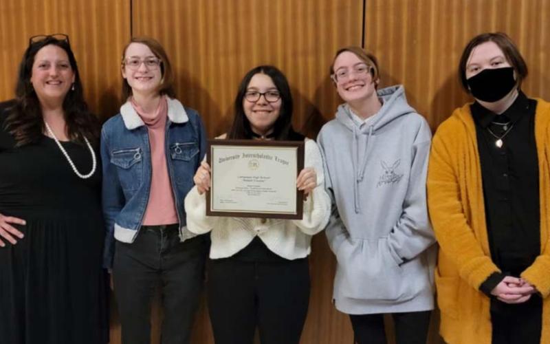 Technology teacher Cathy Kuehne, at left, is pictured with students who had their work featured at the UIL state film festival last month: Mali Windhorst, Katlyn Greer, Zali Windhorst and Kailey Morgan. COURTESY PHOTO