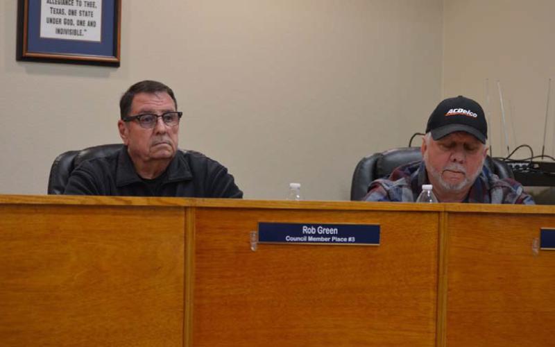 Council members Rob Green, left, and Thomas Combs wrestled with proposed rules regulating the discharge of firearms inside the city limits. Ultimately, changes were adopted only to the noise rules. ERICK MITCHELL | DISPATCH RECORD