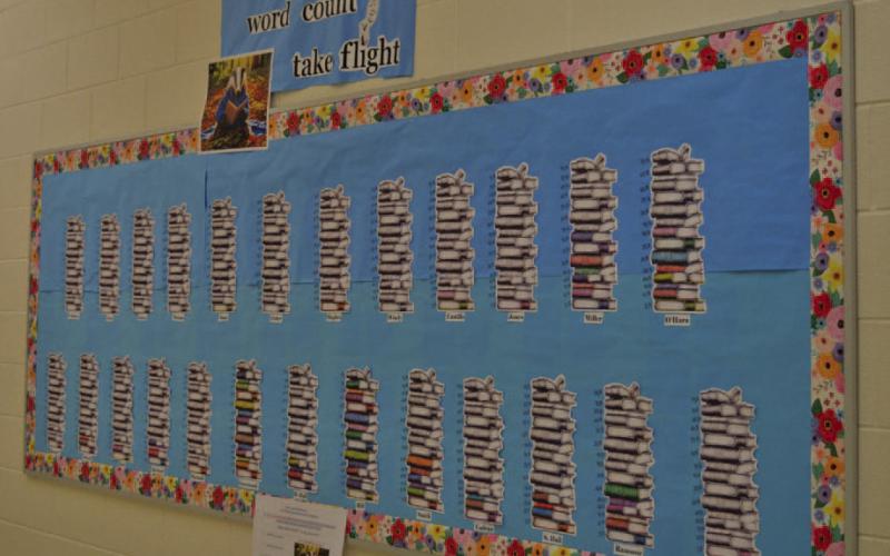 Taylor Creek Elementary School staff measure student reading achievements by class with a decorative chart. ERICKMITCHELL | DISPATCH RECORD