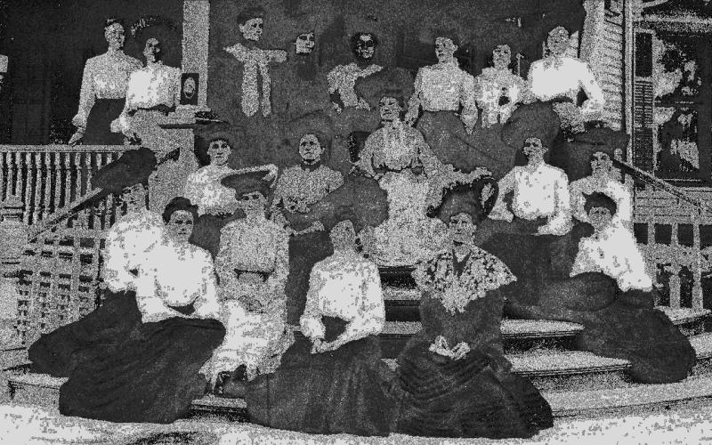 This photo shows the founding members of the Pierian Club from 1903. It was taken on the steps of the house on Broad Street and West Fourth, built by the father of Virginia Ribble Hall who was a Pierian Club member. Courtesy photo
