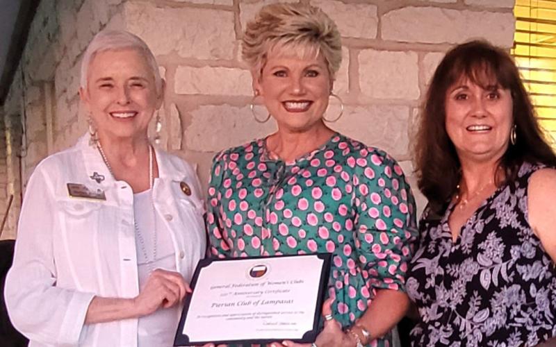 GFWC Texas President-elect Barbara Harvey, on left, and GFWC Texas Capitol District Presidentelect Monica Benoit-Beatty, at right, present Pierian Club President Alicia Straley with a certificate from the Greater Federation of Women’s Clubs in recognition of distinguished service to the community and the nation since the Pierian Club’s inception. Courtesy photo