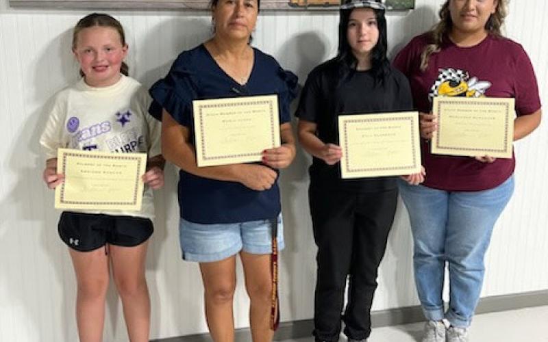 The Lometa ISD recognized several students and staff members of the month. Shown with their certificates are, from left to right, Addison Duncan, Maria Jasso, Evly Sharrock and Mercedes Almaguer. Not pictured: Eliana Gonzalez. COURTESY PHOTO