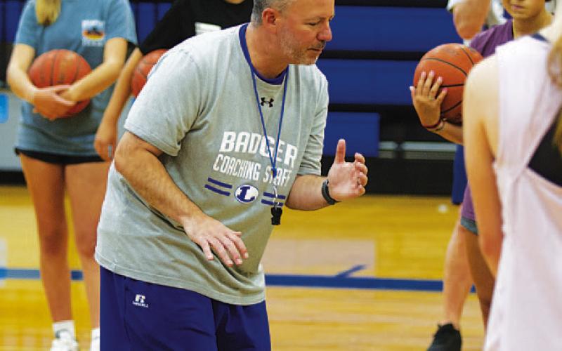 Chris Jost teaches during his first youth basketball camp in Lampasas. HUNTER KING | DISPATCH RECORD