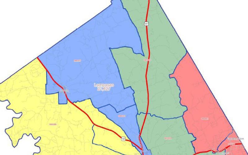 Above is the current map of county commissioners precincts. Precinct 1 is in red, Precinct 2 is in yellow, Precinct 3 is in blue, and Precinct 4 is in green. LAMPASAS COUNTY COMMISSIONERS COURT | COURTESY GRAPHIC