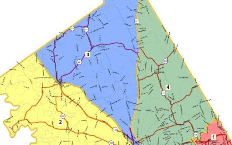 The new boundaries for county commissioners precincts, as shown above, take effect Jan. 1. Precinct 1 is in red, Precinct 2 is in yellow, Precinct 3 is in blue, and Precinct 4 is in green. LAMPASAS COUNTY COMMISSIONERS COURT | COURTESY GRAPHIC