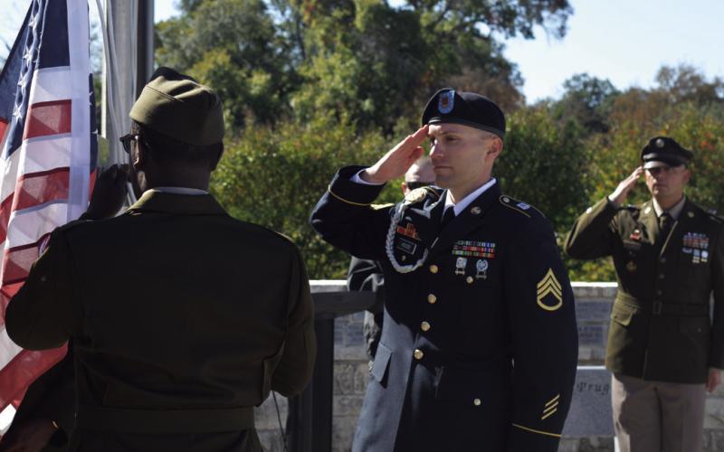 Members of the 62nd Engineer Brigade post the colors at Tuesday’s Veterans Day program, hosted at the Sylvia Tucker Memorial Park in Kempner. For more photos from various events recognizing veterans of the U.S. armed forces, see page 3. ERICK MITCHELL | DISPATCH RECORD