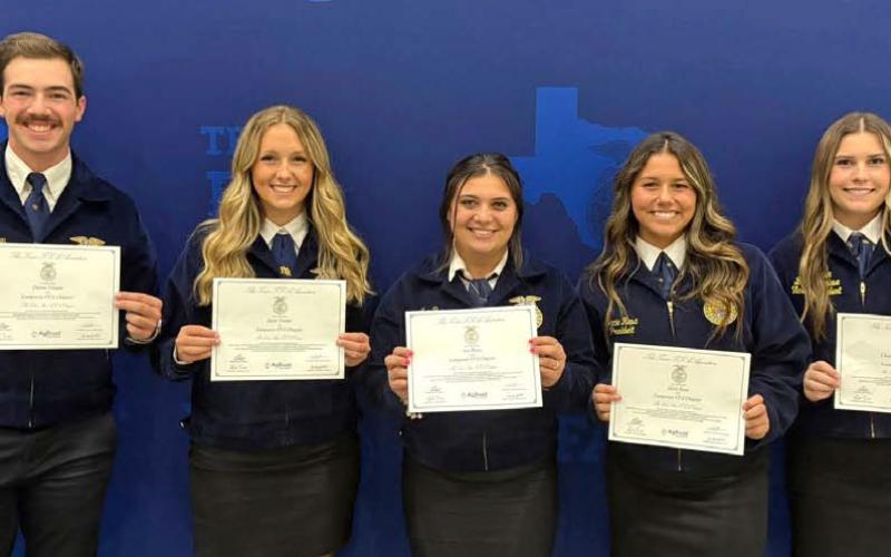Earning their Lone Star FFA Degree are, from left, Lampasas chapter members Daren Tristan, Janie Turner, Ava Rojas, Jacie Resa and Chandler Boultinghouse. Their FFA adviser is Judy Hail. courtesy photo