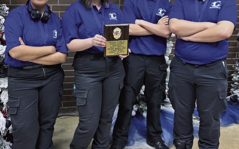 Lampasas High School students, from left, sophomore Lena Jeffries, freshman Lilian Stephen, and juniors Jason Brock and Bryce Neeley celebrate their first-place regional victory in the Felony Traffic Stop category. VERONICA BUTLER | DISPATCH RECORD