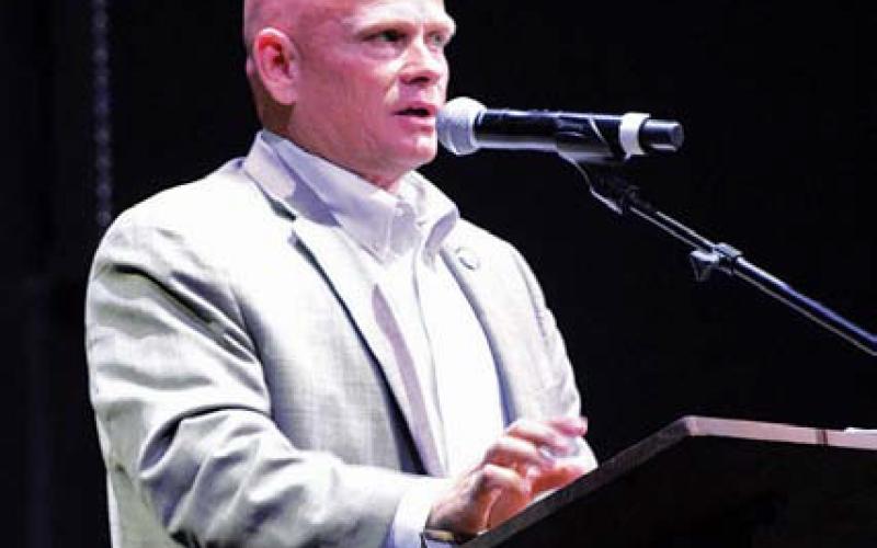 Erick Mitchell | dispatch record Burnet County Commissioner Damon Beierle offered a timeline and “next steps” for the proposed Texas Materials rail line project, which Beierle said is still in the preliminary stages.